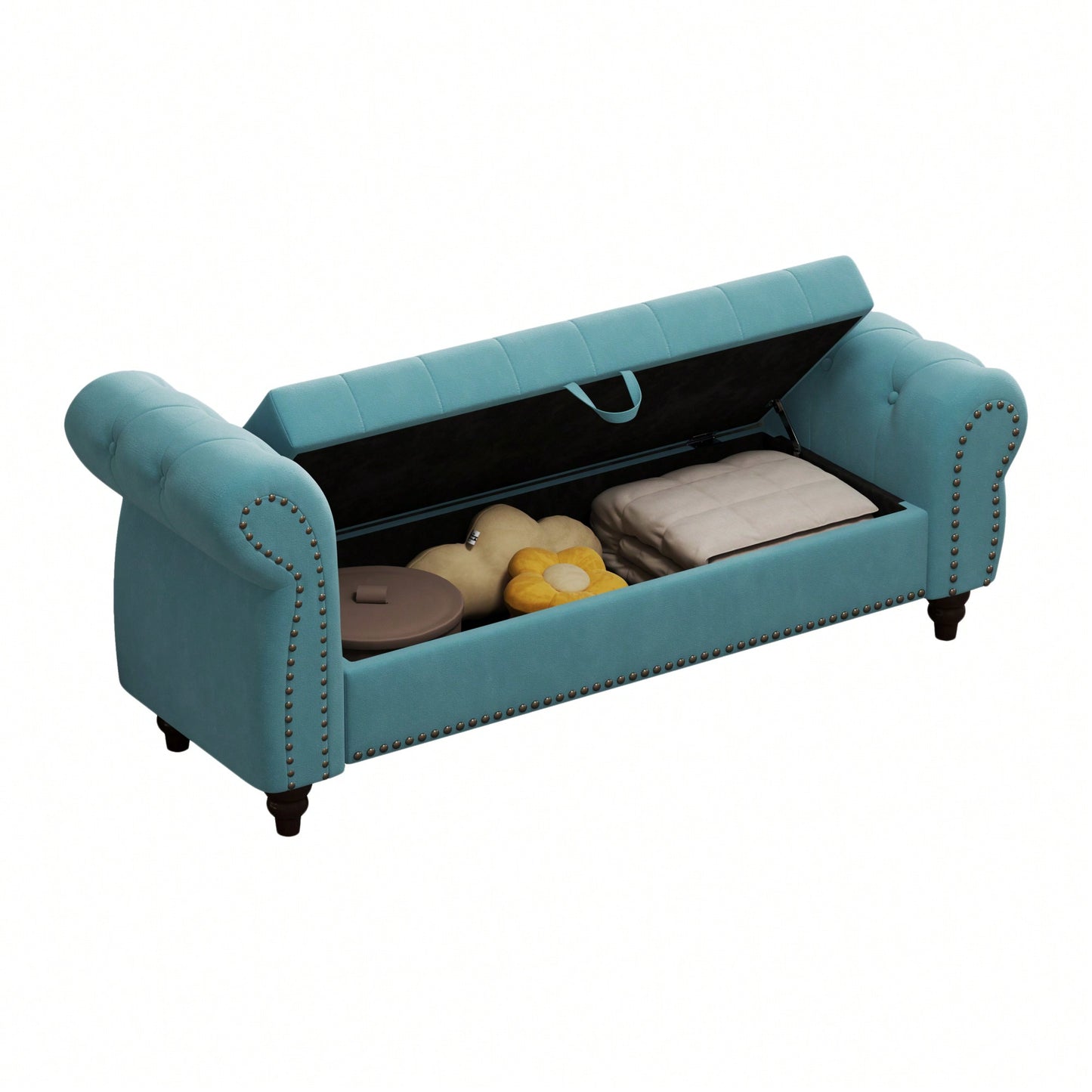 Stylish 64.5 Inch Velvet Upholstered Bed Bench With Storage In Lake Blue For Bedroom Lounge And Tufted Design