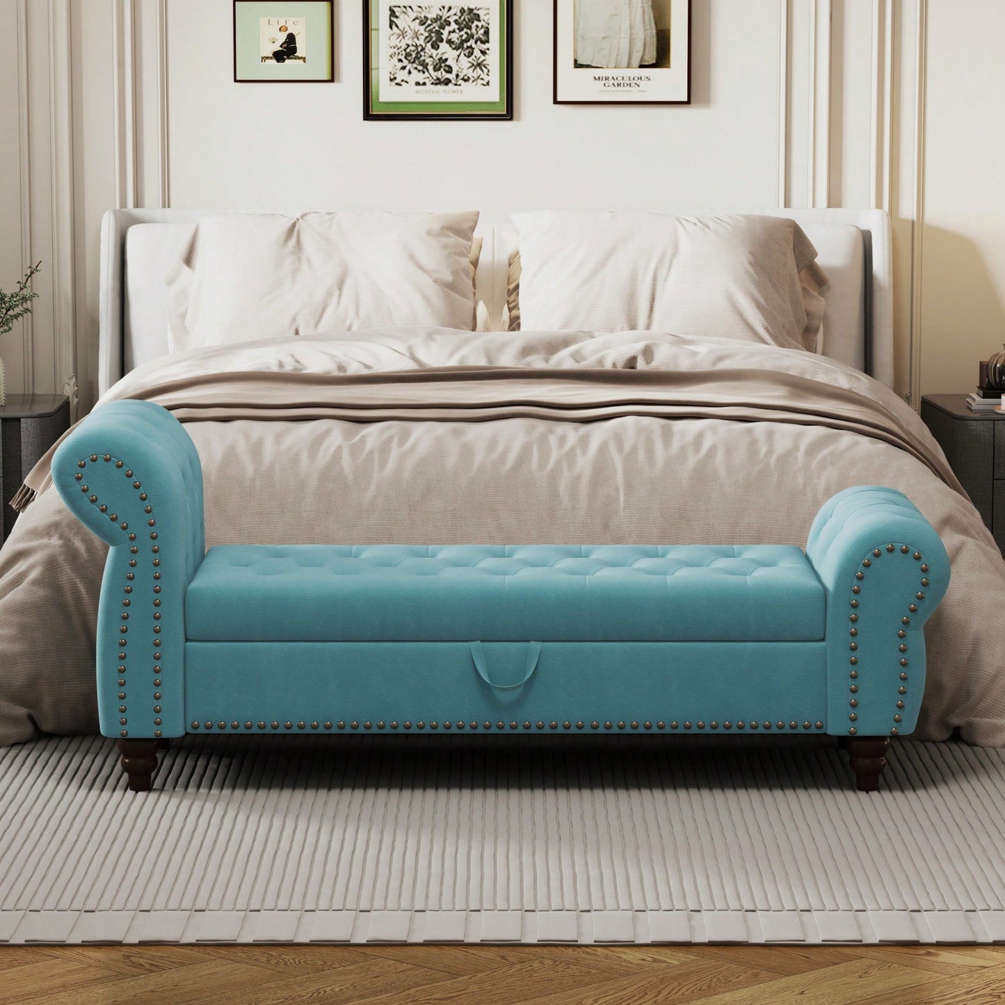 Stylish 64.5 Inch Velvet Upholstered Bed Bench With Storage In Lake Blue For Bedroom Lounge And Tufted Design