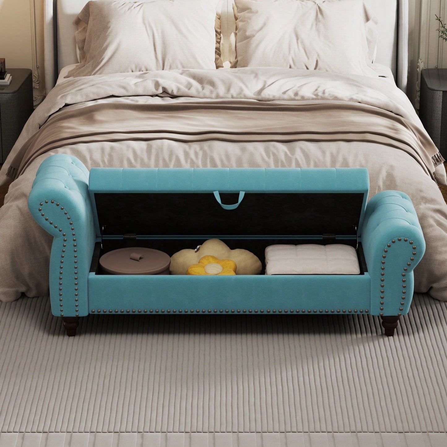 Stylish 64.5 Inch Velvet Upholstered Bed Bench With Storage In Lake Blue For Bedroom Lounge And Tufted Design