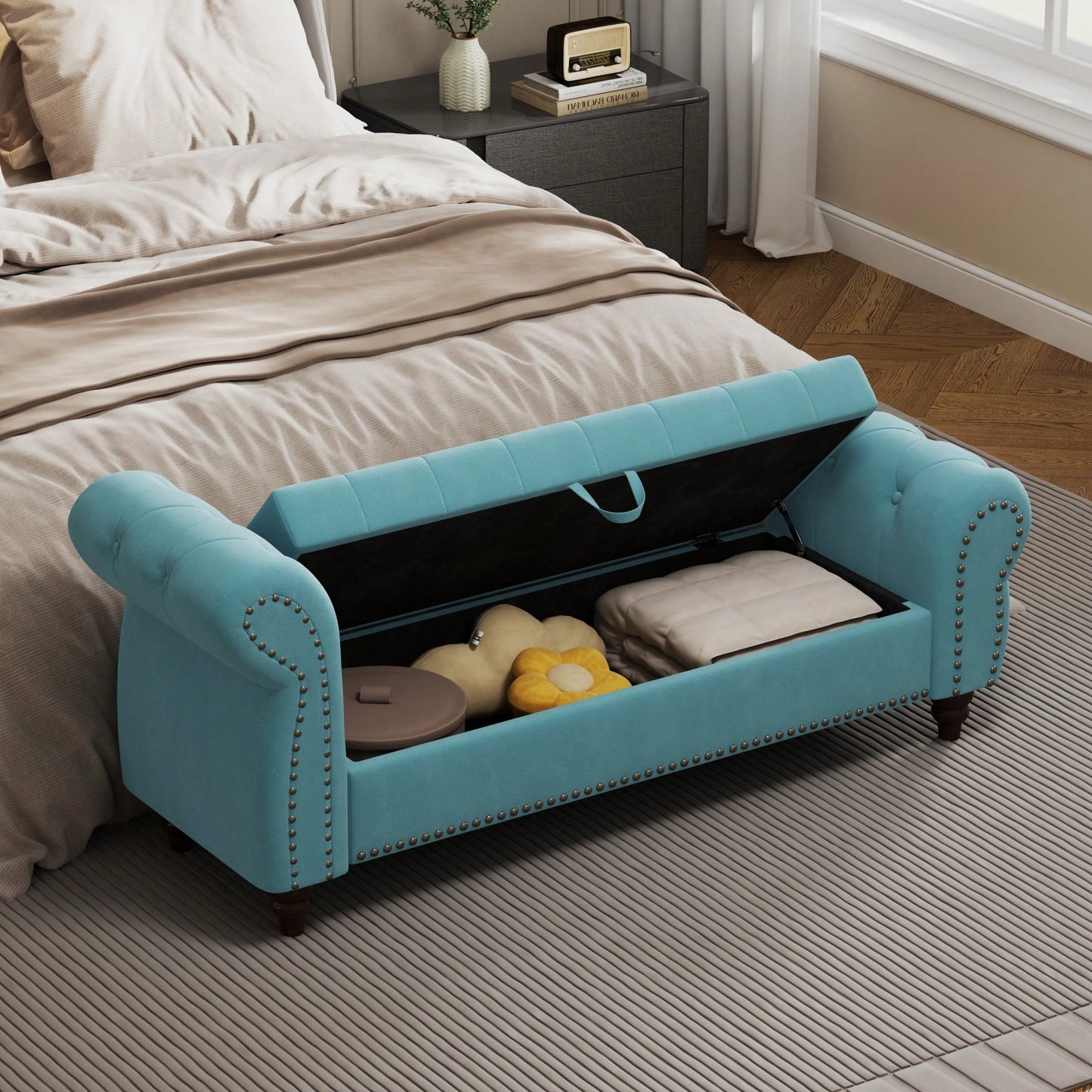 Stylish 64.5 Inch Velvet Upholstered Bed Bench With Storage In Lake Blue For Bedroom Lounge And Tufted Design