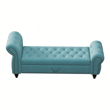 Stylish 64.5 Inch Velvet Upholstered Bed Bench With Storage In Lake Blue For Bedroom Lounge And Tufted Design