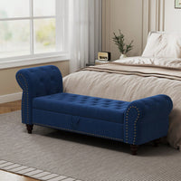 Stylish 64.5 Inch Velvet Upholstered Bed Bench With Storage In Lake Blue For Bedroom Lounge And Tufted Design