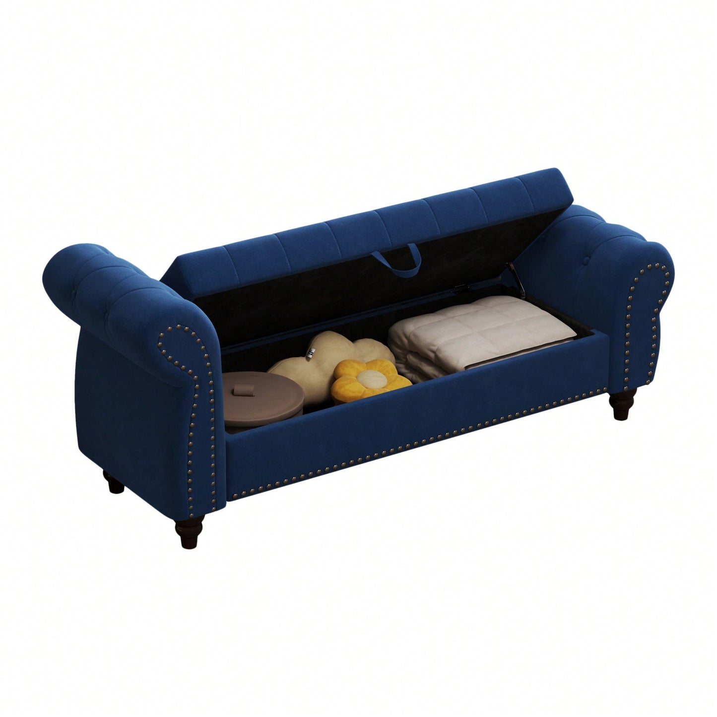 Stylish 64.5 Inch Velvet Upholstered Bed Bench With Storage In Lake Blue For Bedroom Lounge And Tufted Design