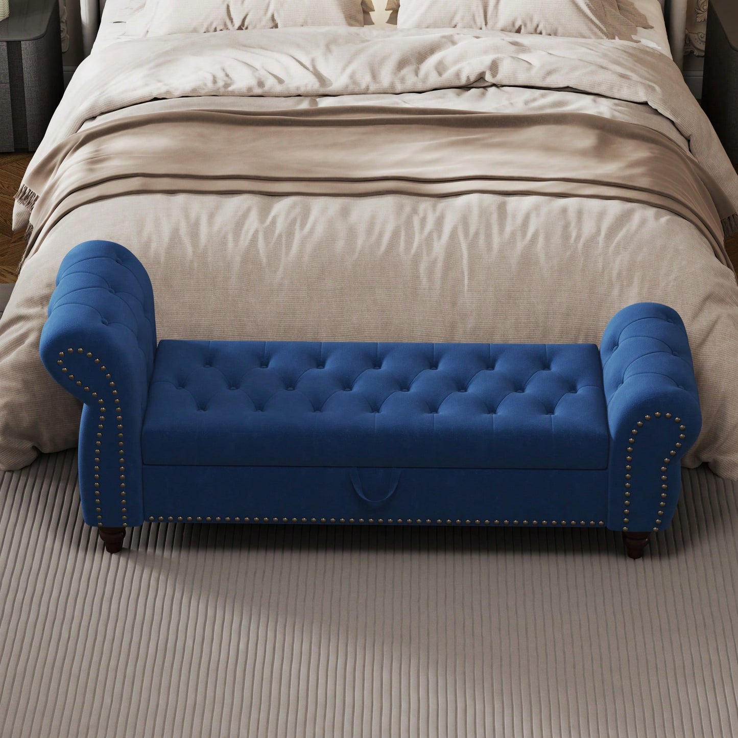 Stylish 64.5 Inch Velvet Upholstered Bed Bench With Storage In Lake Blue For Bedroom Lounge And Tufted Design