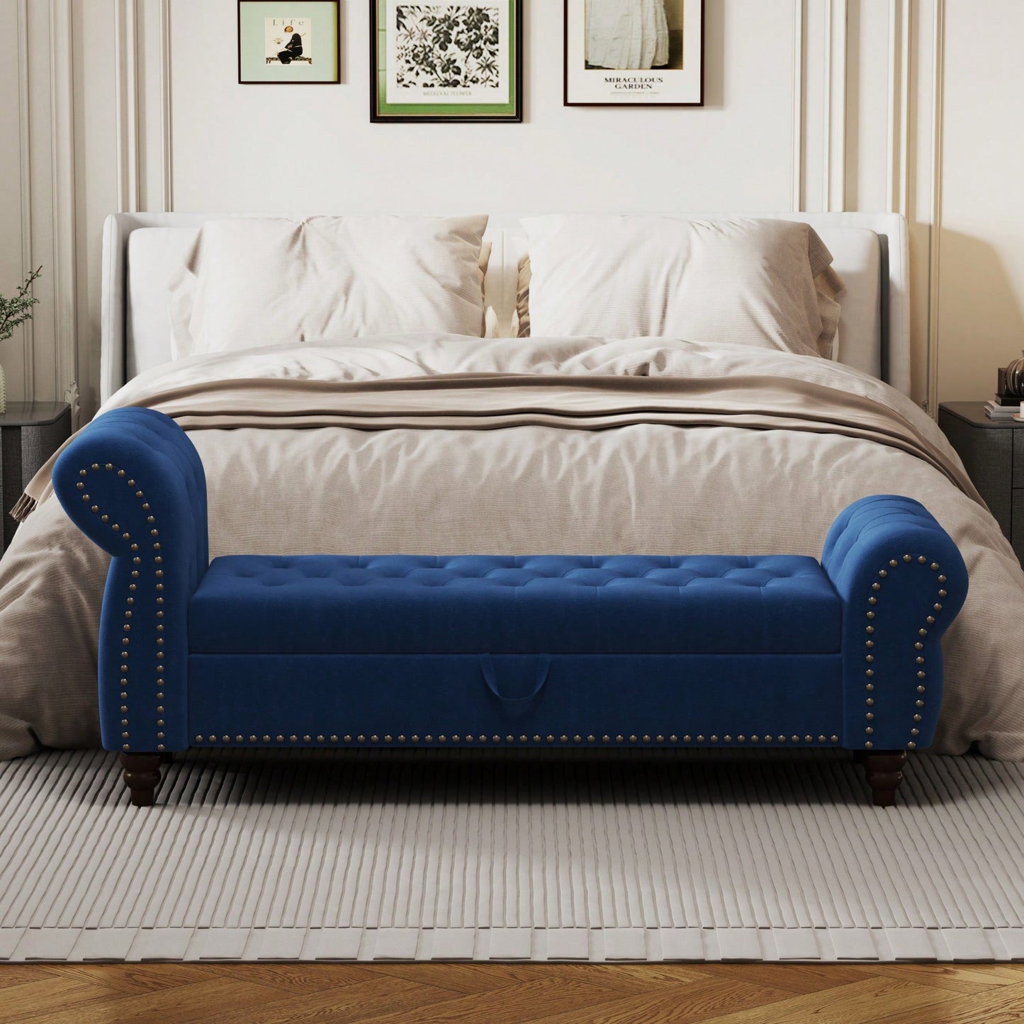 Stylish 64.5 Inch Velvet Upholstered Bed Bench With Storage In Lake Blue For Bedroom Lounge And Tufted Design