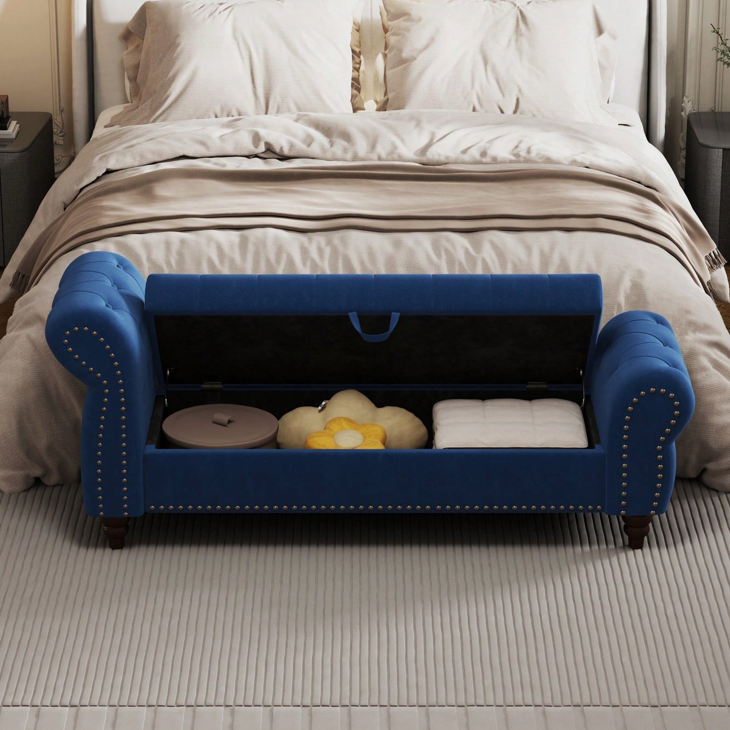 Stylish 64.5 Inch Velvet Upholstered Bed Bench With Storage In Lake Blue For Bedroom Lounge And Tufted Design