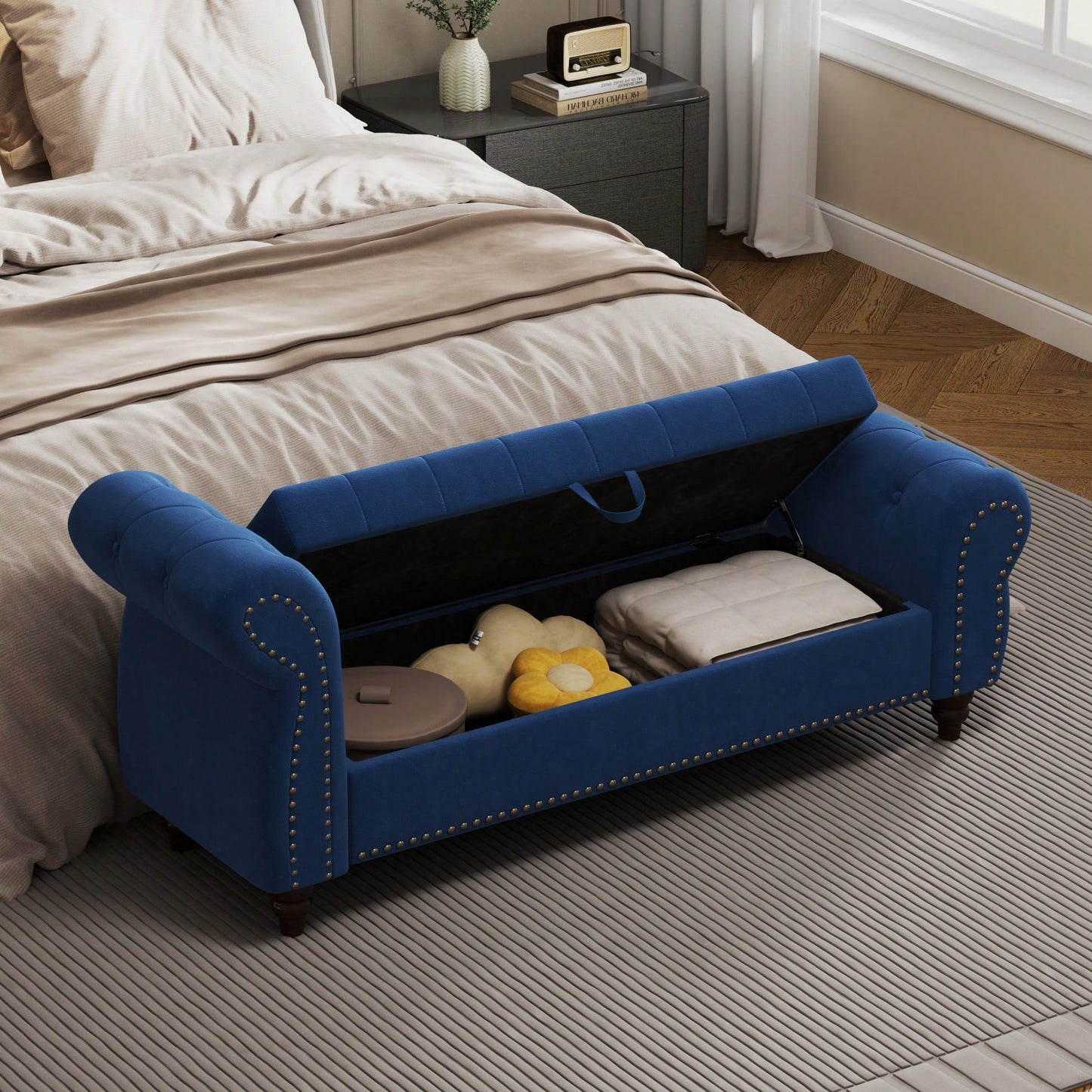 Stylish 64.5 Inch Velvet Upholstered Bed Bench With Storage In Lake Blue For Bedroom Lounge And Tufted Design