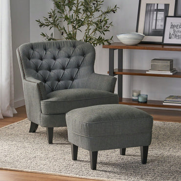 Stylish Light Grey Upholstered Club Chair And Ottoman Set For Modern Living Room Comfort And Elegance