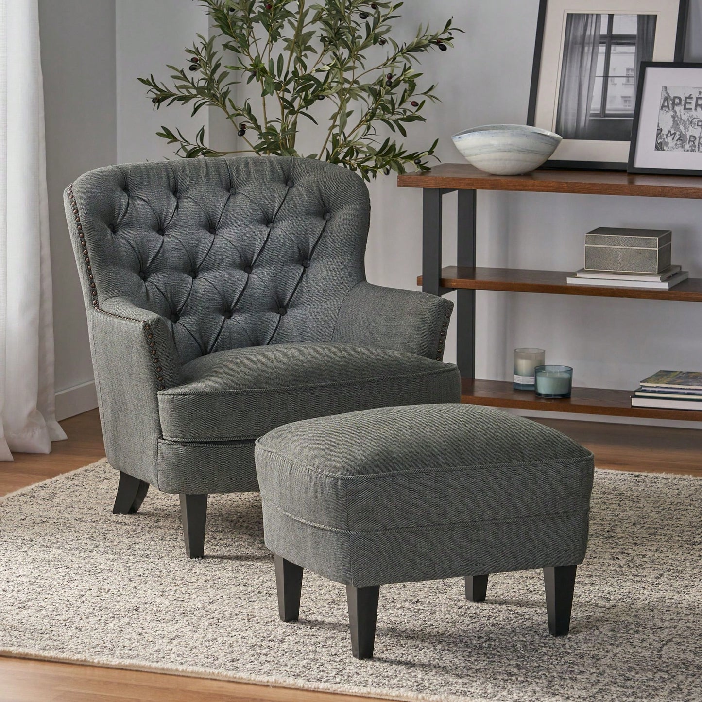 Stylish Light Grey Upholstered Club Chair And Ottoman Set For Modern Living Room Comfort And Elegance