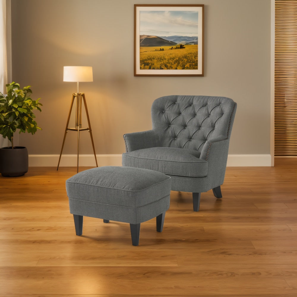 Stylish Light Grey Upholstered Club Chair And Ottoman Set For Modern Living Room Comfort And Elegance