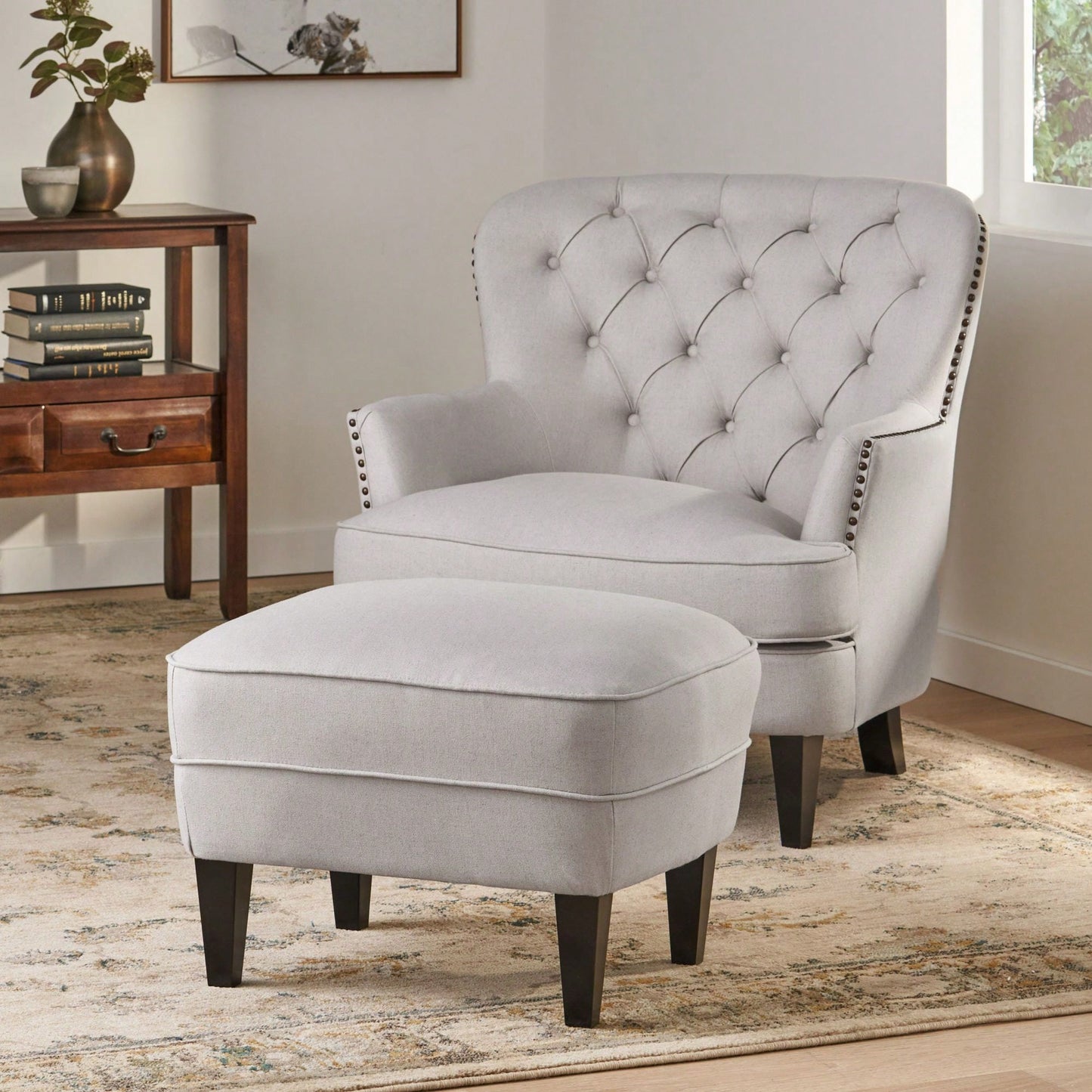 Stylish Light Grey Upholstered Club Chair And Ottoman Set For Modern Living Room Comfort And Elegance