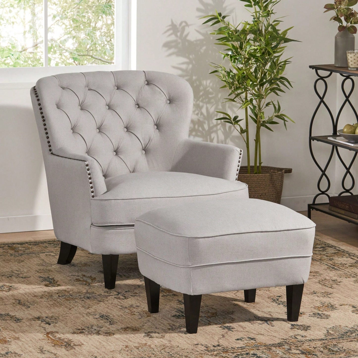 Stylish Light Grey Upholstered Club Chair And Ottoman Set For Modern Living Room Comfort And Elegance