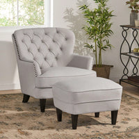 Stylish Light Grey Upholstered Club Chair And Ottoman Set For Modern Living Room Comfort And Elegance