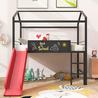 Twin Size Metal Loft Bed With Slide And Double-Sided Writable Wooden Board In White