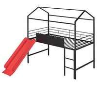Twin Size Metal Loft Bed With Slide And Double-Sided Writable Wooden Board In White
