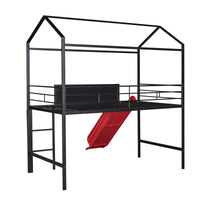 Twin Size Metal Loft Bed With Slide And Double-Sided Writable Wooden Board In White