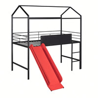 Twin Size Metal Loft Bed With Slide And Double-Sided Writable Wooden Board In White