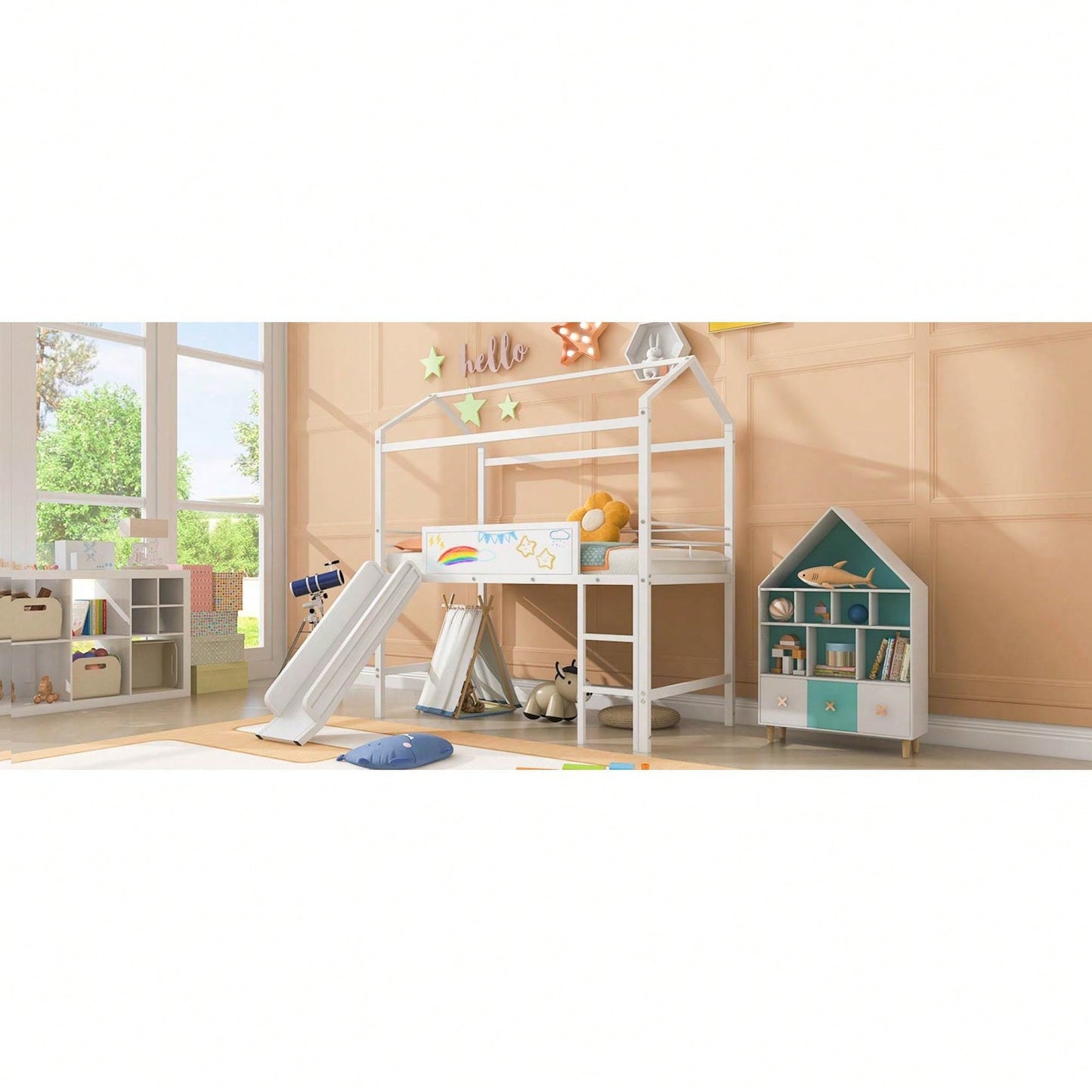 Twin Size Metal Loft Bed With Slide And Double-Sided Writable Wooden Board In White
