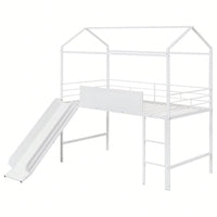 Twin Size Metal Loft Bed With Slide And Double-Sided Writable Wooden Board In White