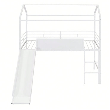 Twin Size Metal Loft Bed With Slide And Double-Sided Writable Wooden Board In White
