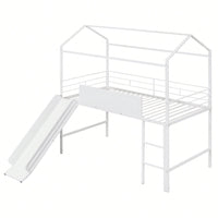 Twin Size Metal Loft Bed With Slide And Double-Sided Writable Wooden Board In White