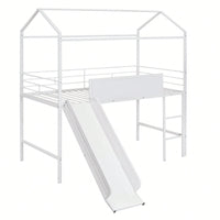 Twin Size Metal Loft Bed With Slide And Double-Sided Writable Wooden Board In White