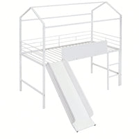 Twin Size Metal Loft Bed With Slide And Double-Sided Writable Wooden Board In White