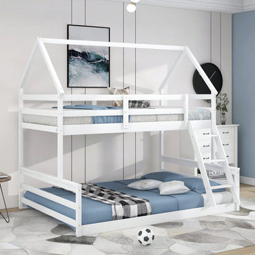 Gray Twin Over Full House Bunk Bed With Built-In Ladder For Space Saving And Stylish Bedroom Decor