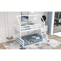 Gray Twin Over Full House Bunk Bed With Built-In Ladder For Space Saving And Stylish Bedroom Decor