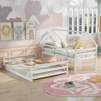 Gray Twin Over Full House Bunk Bed With Built-In Ladder For Space Saving And Stylish Bedroom Decor