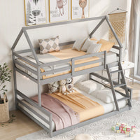 Gray Twin Over Full House Bunk Bed With Built-In Ladder For Space Saving And Stylish Bedroom Decor