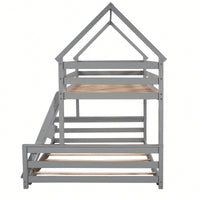 Gray Twin Over Full House Bunk Bed With Built-In Ladder For Space Saving And Stylish Bedroom Decor