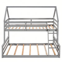 Gray Twin Over Full House Bunk Bed With Built-In Ladder For Space Saving And Stylish Bedroom Decor