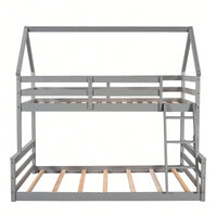 Gray Twin Over Full House Bunk Bed With Built-In Ladder For Space Saving And Stylish Bedroom Decor