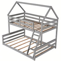 Gray Twin Over Full House Bunk Bed With Built-In Ladder For Space Saving And Stylish Bedroom Decor