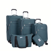 5-Piece Softshell Luggage Set With Spinner Wheels Lightweight Durable Travel Suitcases In Dark Green With Toiletry Bag And Travel Bag