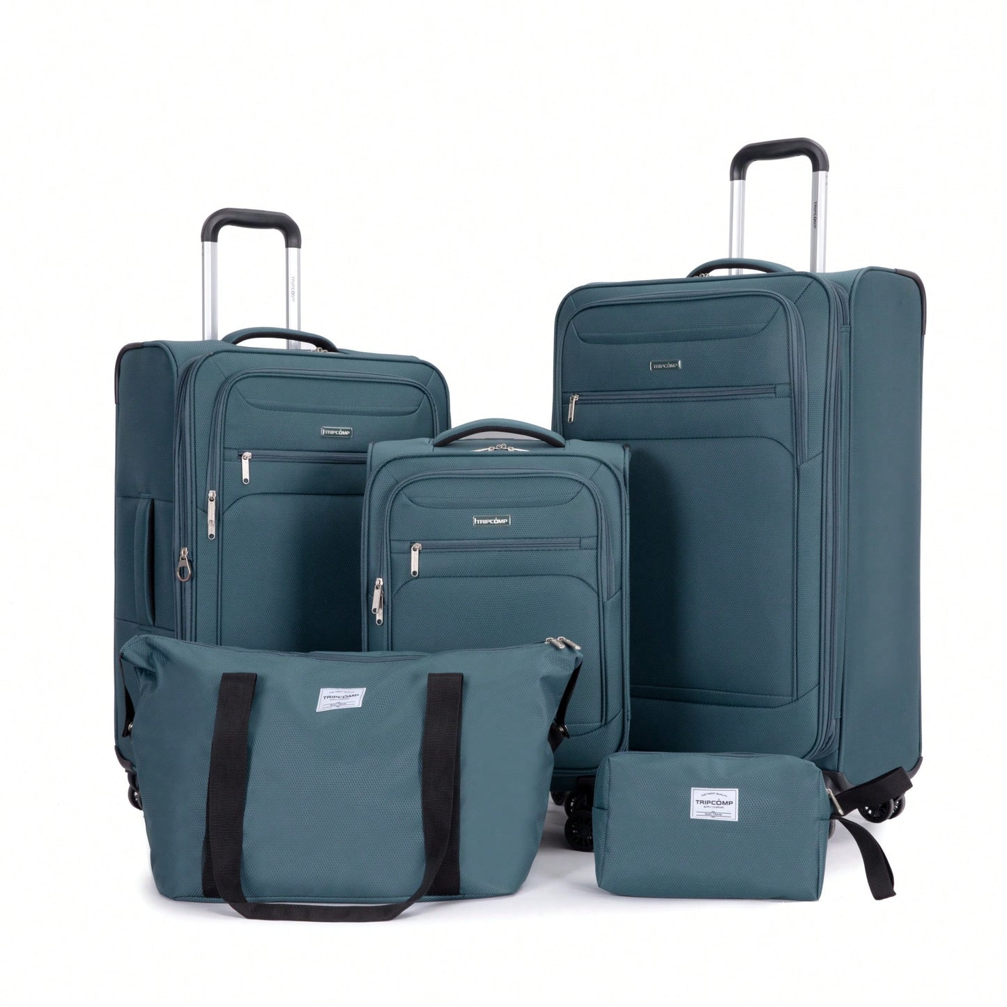 5-Piece Softshell Luggage Set With Spinner Wheels Lightweight Durable Travel Suitcases In Dark Green With Toiletry Bag And Travel Bag