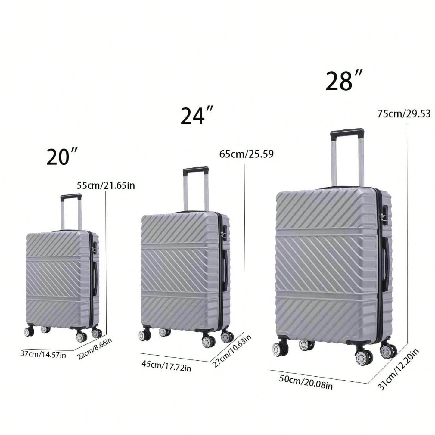 Lightweight 3-Piece Travel Suitcase Set With Wheels And Password Lock Business Carry-On Luggage Silver Gray 20 24 28 Inches