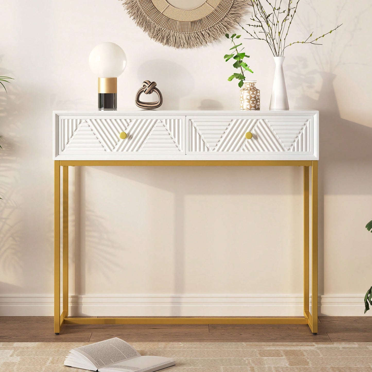 Sleek Modern Console Table With Two Drawers And Stripe Design For Living Room And Entryway In Black