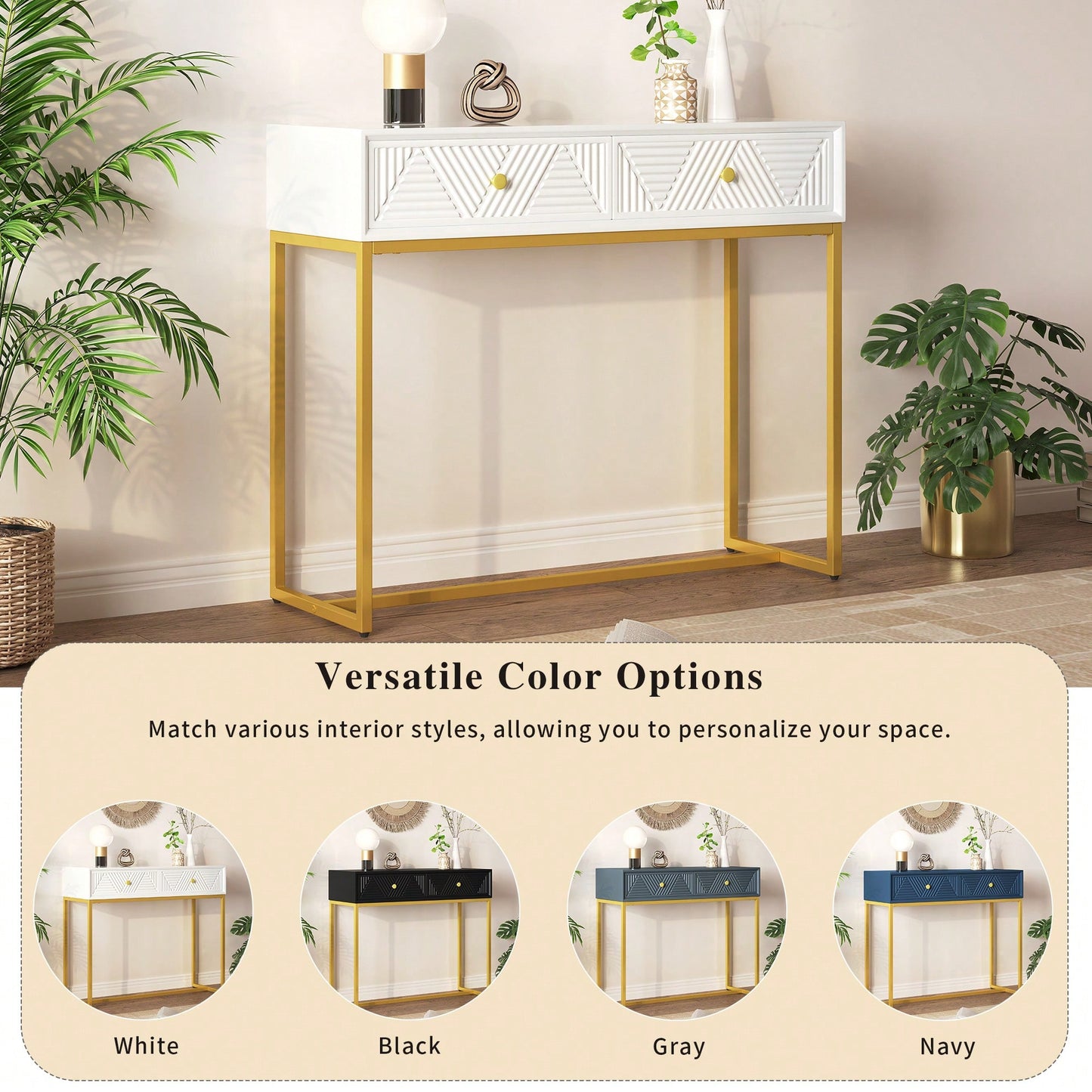 Sleek Modern Console Table With Two Drawers And Stripe Design For Living Room And Entryway In Black