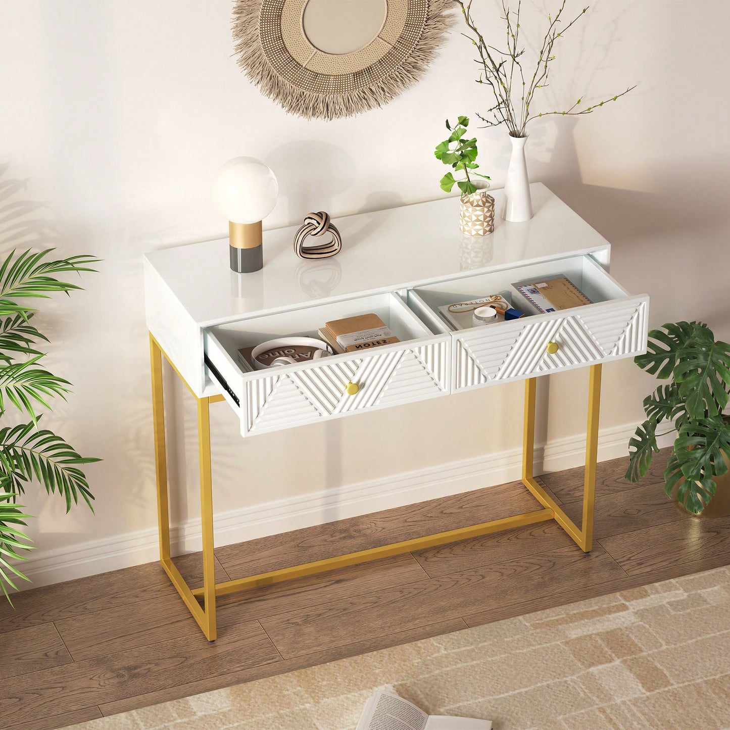 Sleek Modern Console Table With Two Drawers And Stripe Design For Living Room And Entryway In Black