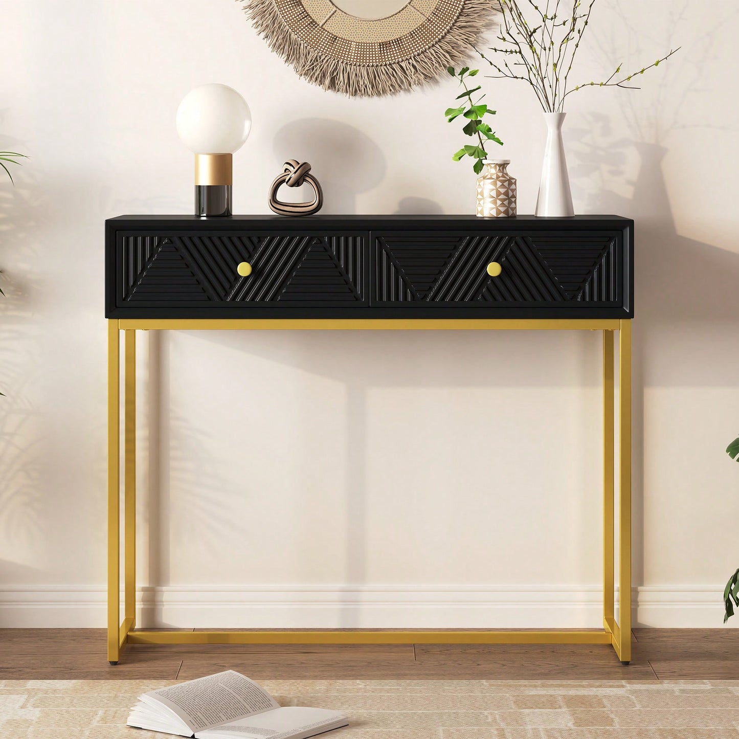 Sleek Modern Console Table With Two Drawers And Stripe Design For Living Room And Entryway In Black