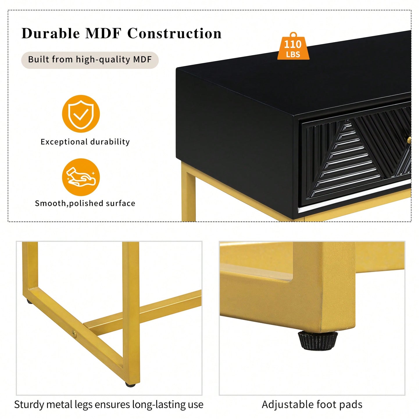 Sleek Modern Console Table With Two Drawers And Stripe Design For Living Room And Entryway In Black