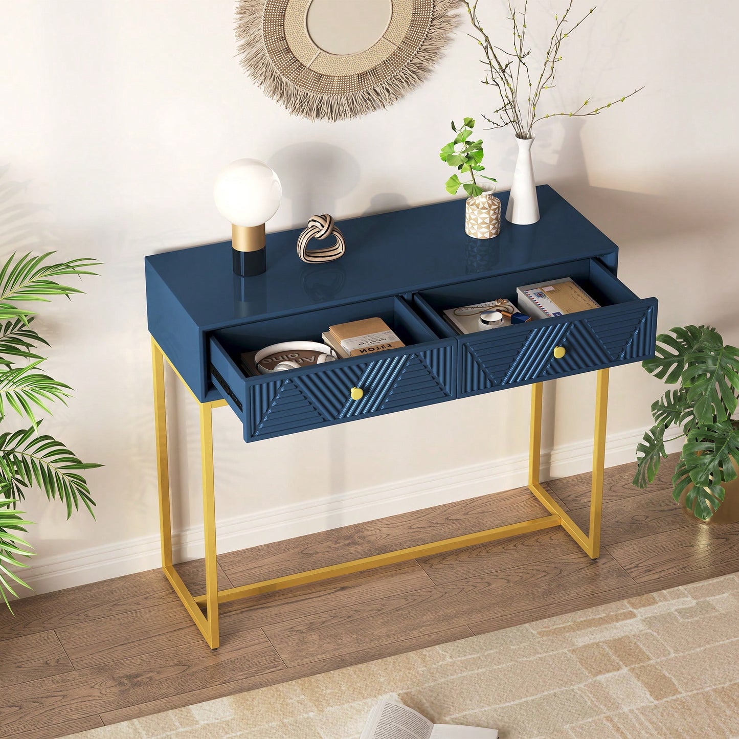 Sleek Modern Console Table With Two Drawers And Stripe Design For Living Room And Entryway In Black