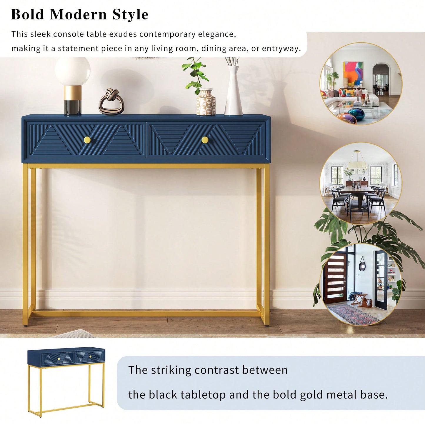 Sleek Modern Console Table With Two Drawers And Stripe Design For Living Room And Entryway In Black