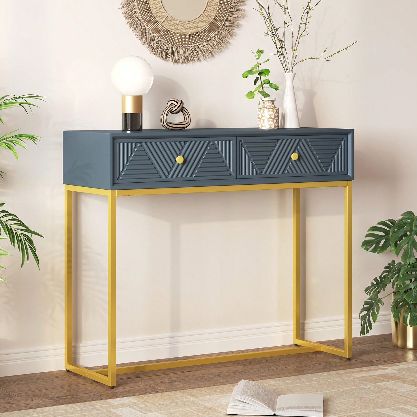 Sleek Modern Console Table With Two Drawers And Stripe Design For Living Room And Entryway In Black