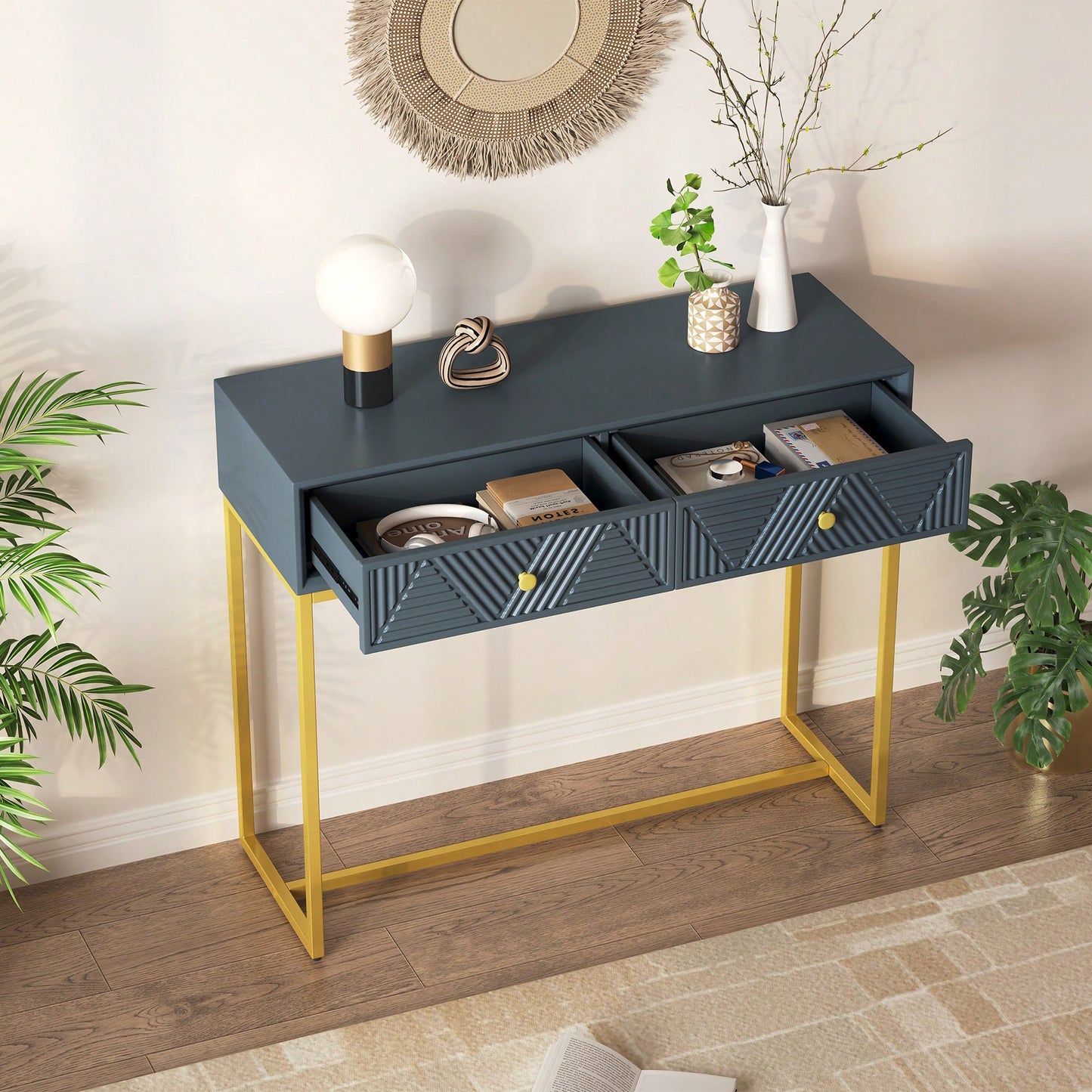 Sleek Modern Console Table With Two Drawers And Stripe Design For Living Room And Entryway In Black