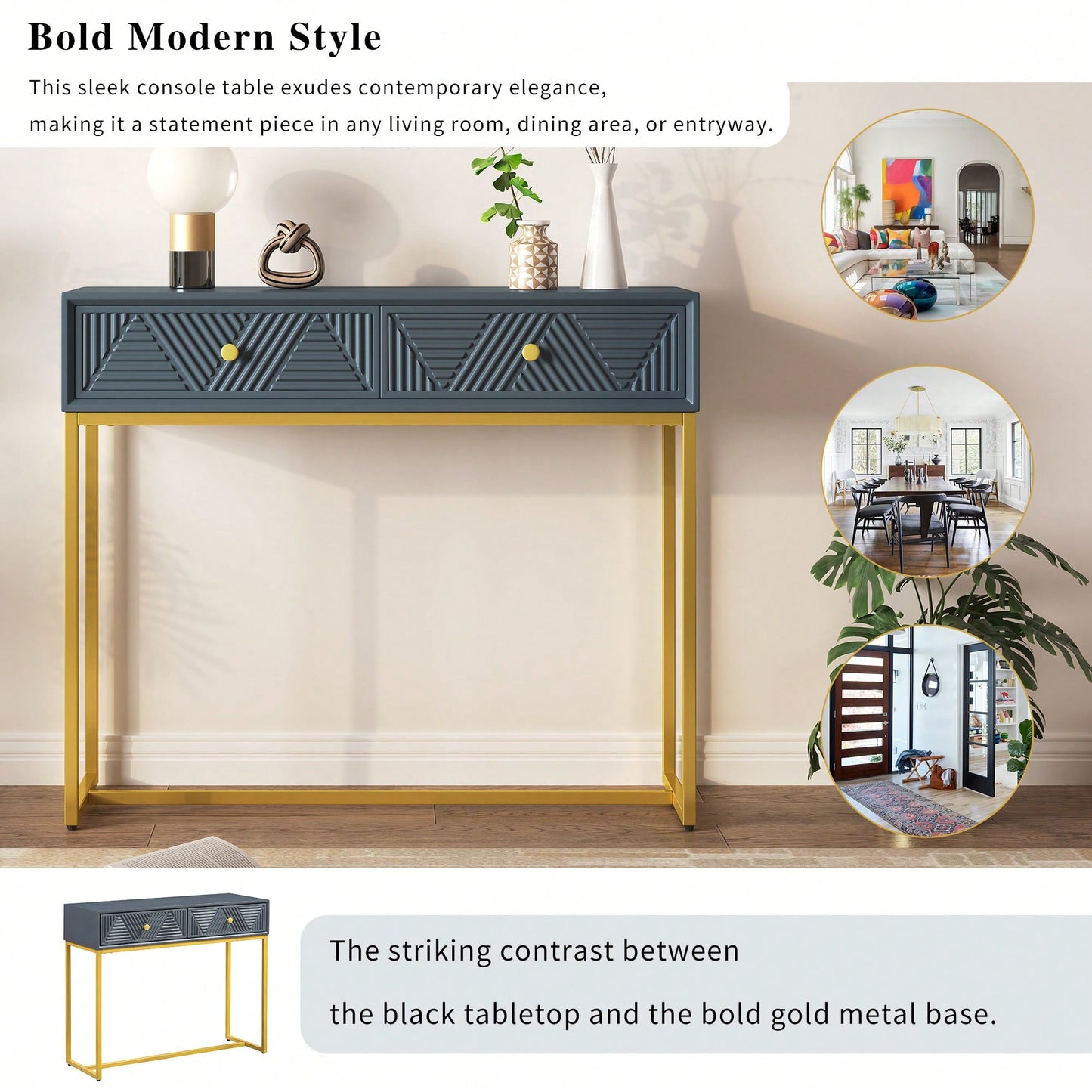 Sleek Modern Console Table With Two Drawers And Stripe Design For Living Room And Entryway In Black