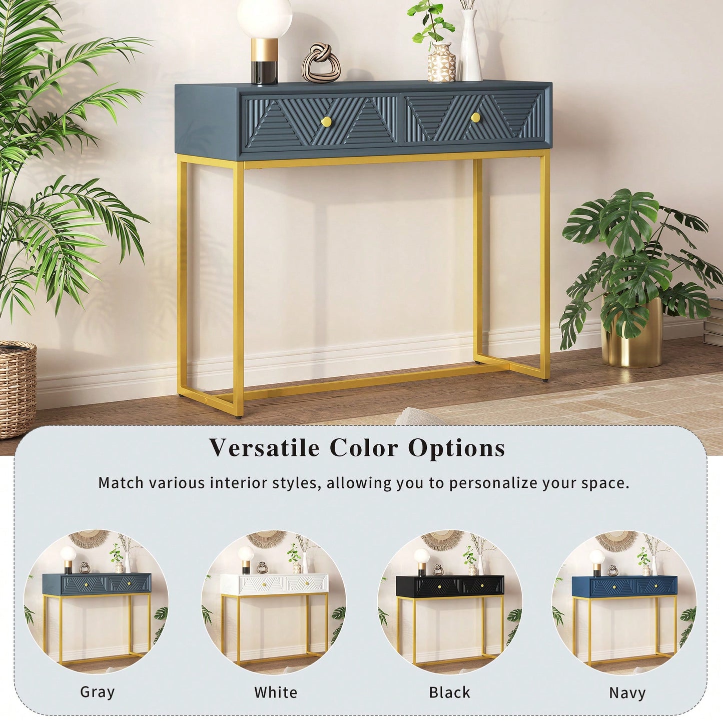 Sleek Modern Console Table With Two Drawers And Stripe Design For Living Room And Entryway In Black