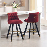 Set Of 2 Velvet Bar Chairs With 360 Degree Rotation And Detachable Back Pull Loop, Square Foot Wooden Base And Rivet Decoration